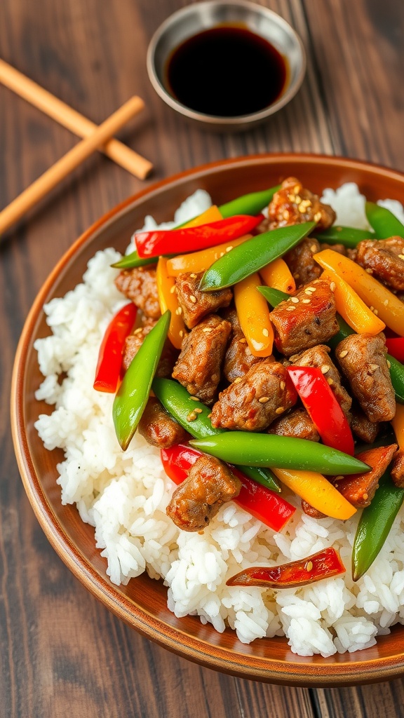Savory pork mince stir-fry with vegetables over rice, garnished with sesame seeds.